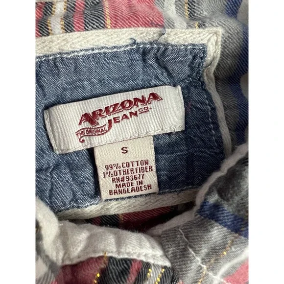 Arizona Top Womens Small Multicolor Plaid Metallic Snap Up Roll Tab Long Sleeve - Picture 10 of 12